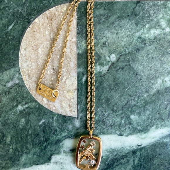 Vintage Pierre Cardin Zodiac Aquarius Pendant Necklace, Gold tone w/ Diamond - Picture 8 of 8